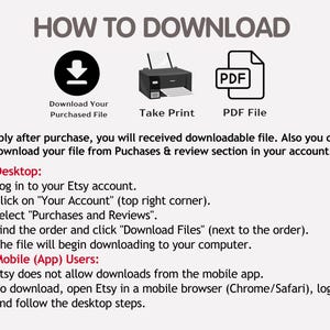 Może przedstawiać: Grafika z napisem "HOW TO DOWNLOAD" i instrukcjami pobierania zakupionego pliku z Etsy. Zawiera ikony pobierania, drukowania i pliku PDF. Instrukcje dla użytkownik&oacute;w komputer&oacute;w stacjonarnych i urządzeń mobilnych.