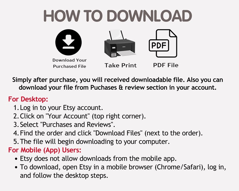 Może przedstawiać: Grafika z napisem "HOW TO DOWNLOAD" i instrukcjami pobierania zakupionego pliku z Etsy. Zawiera ikony pobierania, drukowania i pliku PDF. Instrukcje dla użytkownik&oacute;w komputer&oacute;w stacjonarnych i urządzeń mobilnych.