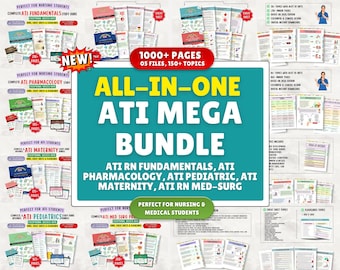 May include: A teal graphic with the text "ALL-IN-ONE ATI MEGA BUNDLE" and "ATI RN FUNDAMENTALS, ATI PHARMACOLOGY, ATI PEDIATRIC, ATI MATERNITY, ATI RN MED-SURG". The image also includes study guides, cheat sheets, and flashcards for nursing students.
