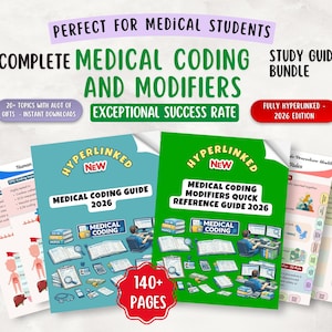 May include: A collection of medical study guides, including "Medical Coding Guide 2026" and "Medical Coding Modifiers Quick Reference Guide 2026." The guides are in blue and green, with the word "Hyperlinked." The image also includes the text "140+ Pages."