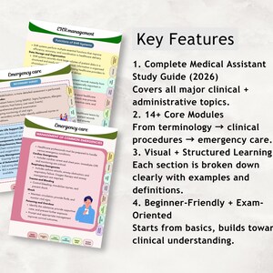 May include: A medical assistant study guide with key features listed. The guide covers clinical and administrative topics, core modules, visual learning, and is beginner-friendly. The guide includes the text "Emergency care".