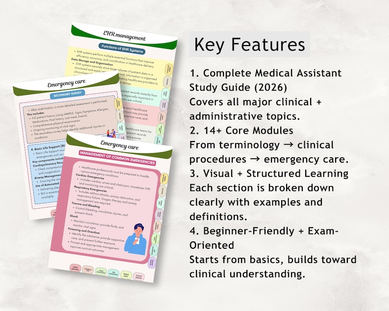 May include: A medical assistant study guide with key features listed. The guide covers clinical and administrative topics, core modules, visual learning, and is beginner-friendly. The guide includes the text "Emergency care".