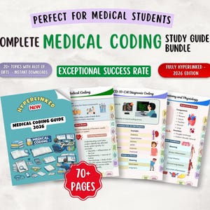 Può includere: Un pacchetto di guide allo studio per la codifica medica, con una copertina turchese con il testo "Medical Coding Guide 2026". Il pacchetto include più pagine con diagrammi e testo, tra cui "CD-10-CM Diagnosis Coding". Il pacchetto è completamente ipertestuale.