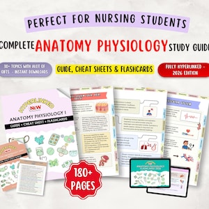 Bundel anatomie en fysiologie met flashcards, spiekbriefjes Meer! Meer dan 180 pagina's met hyperlinks, meer dan 30 onderwerpen, kleurrijke pdf-editie 2026