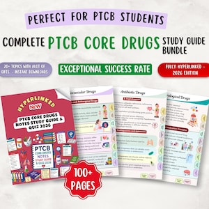 May include: A digital study guide bundle for PTCB students featuring a red cover titled PTCB Core Drugs Notes Study Guide & Quiz 2026, alongside internal pages detailing cardiovascular and antibiotic drugs with colorful medical illustrations and text.