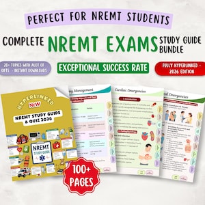 May include: A digital NREMT study guide and quiz bundle for 2026, featuring over 100 pages of medical content. The cover is mustard yellow with medical icons, and the interior pages display text on airway management, cardiac, and medical emergencies.