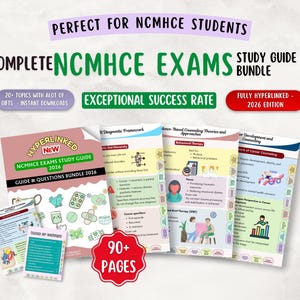 May include: A study guide bundle for NCMHCE exams, featuring multiple pages with detailed information and graphics. The guide includes the text "NCMHCE EXAMS STUDY GUIDE 2026" and "GUIDE & QUESTIONS BUNDLE 2026". The bundle is described as fully hyperlinked.
