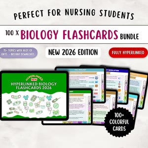 Könnte beinhalten: Ein Bundle von Biologie-Karteikarten für Krankenpflegeschüler. Das Bild zeigt mehrere digitale Karteikarten mit dem Text "Hyperlinked Biology Flashcards 2026" und "100+ farbige Karten". Die Karteikarten umfassen 15 Themen und sind vollständig verlinkt.