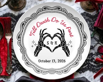 Personalized Till Death Do Us Part Wedding Plate, Halloween Gothic Wedding Cake Plate, Skeleton Hands October Anniversary Gift