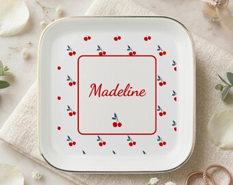 Personalized Cherry Ceramic Jewelry Dish, Engagement Ring Dish, Custom Name Jewelry Tray, Engagement Ring Holder, Bridesmaid Gifts for Her