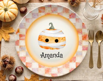 Personalized Kids Halloween Plate, Custom Babys 1st Halloween Gift, Toddler Dinner Plate, Kids Halloween Gift, Pumpkin Mummy Plate