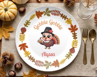 Personalized Gobble Thanksgiving Kids Plate, Pilgrim Turkey Autumn Dinner Plate, Autumn Thankful Kids Name Plate, Custom Kids Turkey Gift