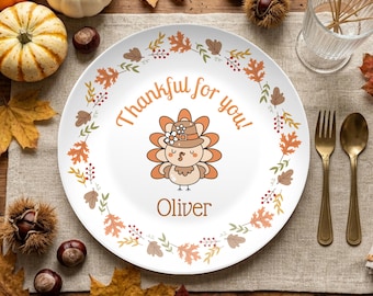 Personalized Thanksgiving Kids Plate, Pilgrim Turkey Autumn Dinner Plate, Autumn Thankful Kids Name Plate, Custom Kids Turkey Gift