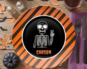 Personalized Skeleton Kids Halloween Plate, Spooky Dinner Plate, Custom Kids Halloween Gift for Boy