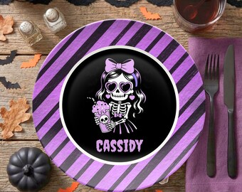 Personalized Skeleton Kids Halloween Plate, Spooky Dinner Plate, Custom Kids Halloween Gift for Girl
