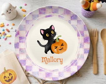 Personalized Kids Halloween Plate, Custom Babys 1st Halloween Gift, Toddler Dinner Plate, Kids Halloween Gift, Pumpkin Black Cat Plate