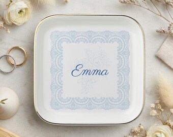 Personalized Lace Ceramic Engagement Ring Dish, Engaged Ring Dish, Custom Wedding Ring Dish Initials, Custom Jewelry Holder, New Bride Gift