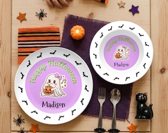 Personalized Girls Halloween Plate Set, Custom Ghost Plate, Spooky Dinner Plate, Kid Happy Halloween Gift, Halloween Custom Cereal Bowl