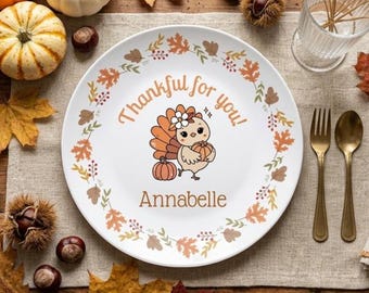 Personalized Thanksgiving Kids Plate, Pilgrim Turkey Autumn Dinner Plate, Autumn Thankful Kids Name Plate, Custom Kids Turkey Gift