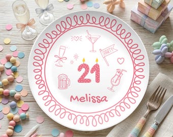 Personalized 21st Birthday Cake Plate, Custom 21st Birthday Gift, Happy 21st Birthday Plate, Doodle Birthday Plate