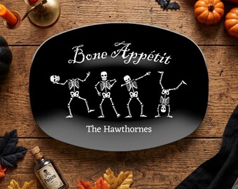 Personalize Halloween Appetizer Platter, Dancing Skeleton Serving Tray, Spooky Candy Tray, Custom Halloween Party Plate, Scary Hostess Gift