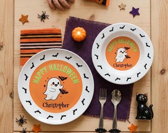 Personalized Kids Halloween Plate Set, Custom Ghost Plate, Spooky Dinner Plate, Kid Happy Halloween Gift, Halloween Personalized Cereal Bowl