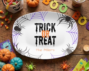 Personalized Trick or Treat Halloween Platter, Spooky Spider Serving Tray, Custom Halloween Party Candy Tray, Spider Plate Hostess Gift