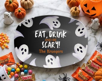 Personalized Eat Drink and Be Scary Ghost Plate, Spooky Candy Tray, Custom Halloween Party Plate Serving Tray, Scary Hostess Gift Idea