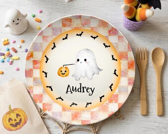 Personalized Kids Halloween Plate, Custom Babys 1st Halloween Gift, Toddler Dinner Plate, Kids Halloween Gift, Ghost Pumpkin Plate
