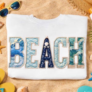 Beach Summer PNG: Preppy Coastal Patchwork Pearl Ocean Waves Seashell Sublimation Design, Digital Download