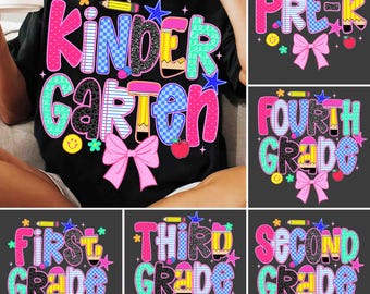 Preppy Back to School Glitter PNG Bundle, Checkered Kindergarten Pre-K 1st/2nd/3rd/4th Grade Png, Teacher Pencil Coquette Png, School Gi