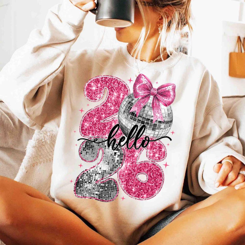 May include: A white sweatshirt featuring a design with the numbers "26" in pink glitter, a disco ball, and a pink bow. The word "hello" is written in cursive. The sweatshirt is a casual, festive garment.
