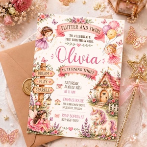 May include: A fairy-themed birthday invitation with the name "Olivia" and the text "is turning three." The design includes fairies, a unicorn, a fairy house, and the words "Flutter and Twirl." The invitation also includes the date and time.