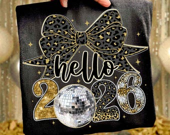 Frohes Neues Jahr 2026 Png, Trendy Silvester Png, Schwarz und Gold Glitzer Png, Kokette Leopard Bogen Neujahr, Hallo 2026 Png
