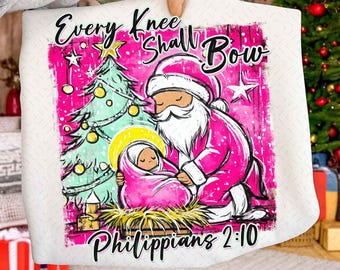Nativity Scene PNG Watercolor Glitter, Baby Jesus Png, Every Knee Shall Bow Christmas Png, Religious Christian Png, Kneeling Santa Holiday
