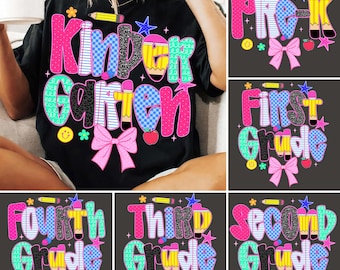 Preppy Back to School Glitter PNG Bundle, Checkered Kindergarten Pre-K 1st/2nd/3rd/4th Grade Png, Teacher Pencil Coquette Png, School Gi