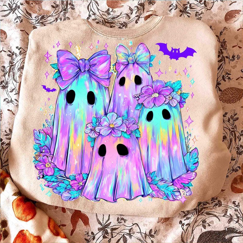 Op de afbeelding: Beige sweatshirt met een kleurrijke illustratie van vier spookfiguren. De spoken zijn in tinten paars, blauw en geel, met bloemaccenten en strikken. Een paarse vleermuisafbeelding is ook inbegrepen.