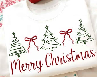 Merry Christmas Bow and Tree Sleeve Png Svg, Retro Tree SVG, Merry and Bright PNG, Cute Festive Shirt SVG, Coquette Christmas Png Design