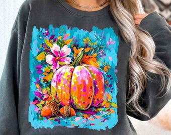 Jesienna kwiatowa dynia Png, Boho kwiatowa jesienna koszula sublimacyjna, dziewczęce jesienne klimaty Png, Preppy jesienne pociągnięcia pędzlem Png, różowy sezon dyni Png