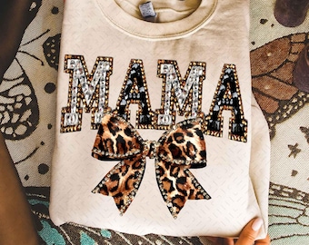 Leopard Bling Mama PNG: Coquette Bow Rhinestone Crystal Mosaic Jewel Letters Sparkle DTF Design