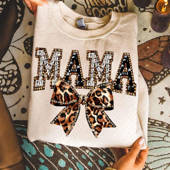 Leopard Bling Mama PNG: Coquette Bow Rhinestone Crystal Mosaic Jewel Letters Sparkle DTF Design
