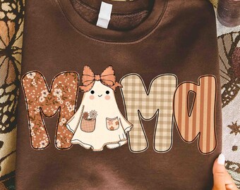Preppy Halloween Mama Png, Floral Ghost Patchwork png, Fall Pumpkin png, Autumn png, Halloween png, Fall Sublimation, Tis the season png