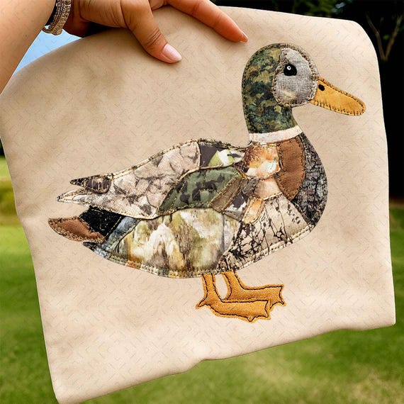 Camo Hunting Duck Applique PNG, Quilted Patchwork Fabric Duck Png, Rustic Western Sublimation, Outdoor Country Design