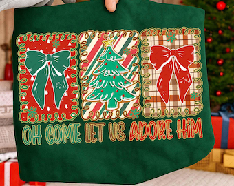 Coquette Oh Come Let Us Adore Him Png, Merry and Bright Png, Preppy Christmas Tree png, Distressed Christmas Shirt PNG, Girly, Brushstroke