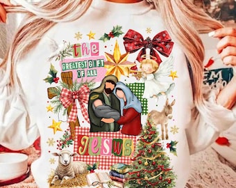 Preppy Christian Nativity Collage Scene PNG Glitter Faith Christmas Sublimation Design Greatest Gift of all PNG Nativity Coquette Png