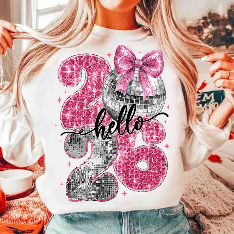 May include: White sweatshirt with a graphic design featuring the numbers "26" in pink glitter, a disco ball, and a pink bow. The word "hello" is written in black script across the design. Pink stars are scattered around the design.