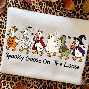 May include: A light gray sweatshirt featuring a graphic of six geese in Halloween costumes, including a pumpkin, mummy, devil, ghost, Frankenstein, and witch. The text "Spooky Goose On The Loose" is printed in black below the geese, with small bats.