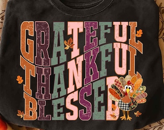 Grateful Thankful Blessed Png, Thanksgiving Day Shirt Png, Cute Preppy Turkey Png