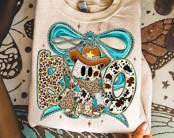 Western Boo Png, Cowgirl Ghost Png, Turquoise Bow Halloween Png, Leopard Print Sublimation, Spooky Season Shirt Design, Howdy Halloween