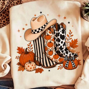 Botas vaqueras a cuadros de otoño PNG, Calabaza de otoño con pinceladas PNG, Estampado de leopardo Howdy PNG, Lunares de otoño PNG, Camisa vaquera occidental de otoño
